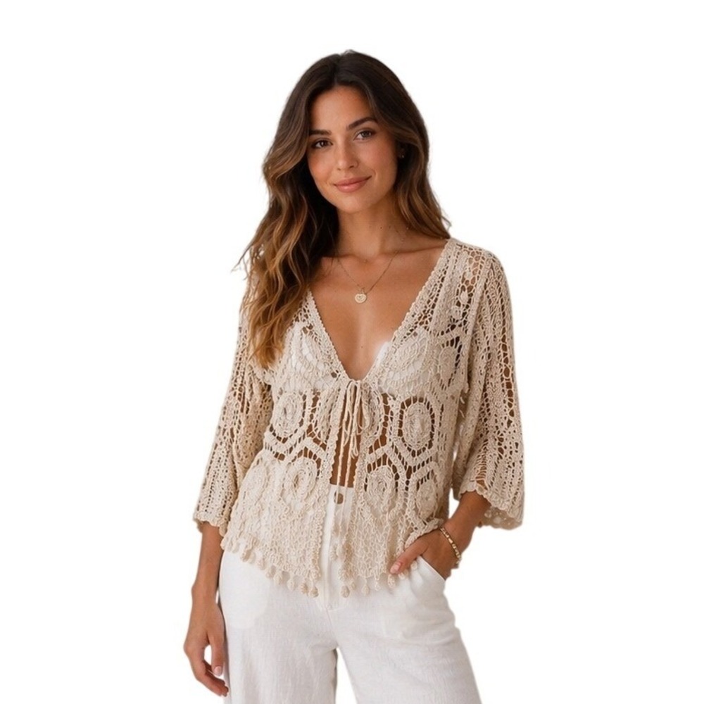 Fever Womens Crochet Cardigan Cream Cotton Tie Front Tassel Boho Shrug S‎